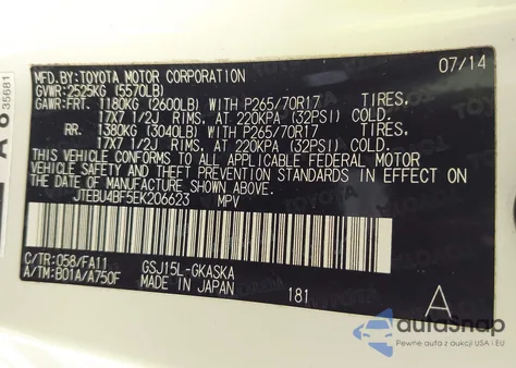 2014 Toyota Fj Cruiser из США, поврежденный, VIN JTEBU4BF5EK206623